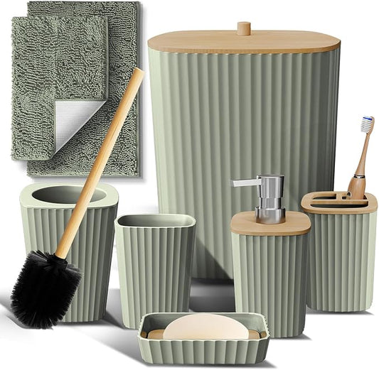Clara Clark Bathroom Set - Sage Green Bathroom Accessories Set, 6PC Bathroom Accessory Set, Bathroom Sets with Bathroom Rugs, Toilet Brush, Trash Can & Soap Dispenser