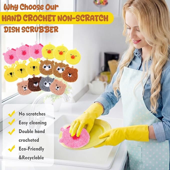 16 Pcs Dish Scrubber Non Scratch Dish Washing Scrubbers Reusable Household Cleaning Kitchen Tools for Dishwashing Washing Dishes Cookware Tubs Sinks (Animal)