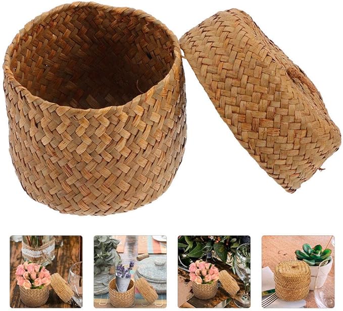 Ciieeo 2Pcs Seagrass Mini Basket with Lid Round Seagrass Storage Basket Handmade Woven Flower Mini Packing Box for Home Shelf Decor Wood Color