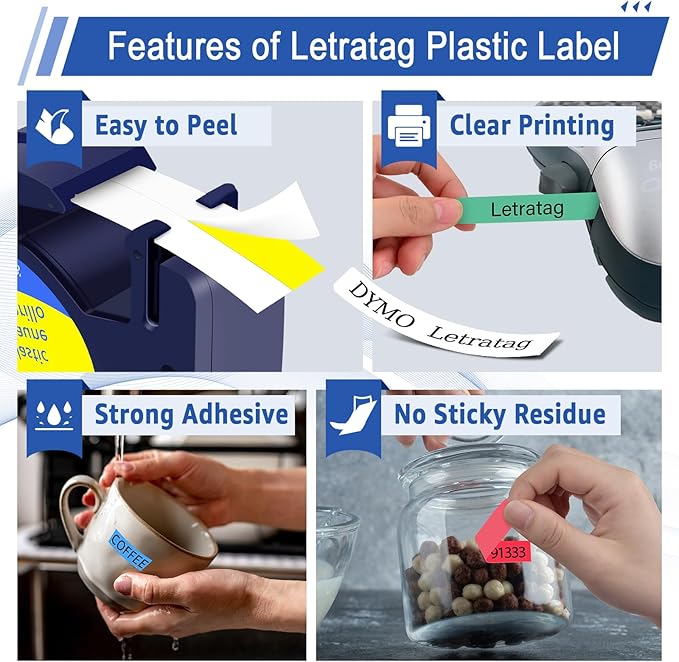 6 Pack Plastic Letra Tag Label Tape Black on Clear/White/Yellow/Red/Green/Blue Compatible for Dymo Label Maker Refills 12mm x 4m for Dymo Letra tag Refills LT100H LT100T 200B QX50