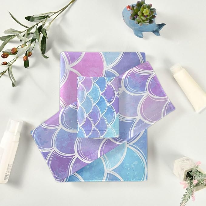 Magic Pink Blue Mermaid Scales Towels Set of 3 Rainbow Marble Galaxy Bathroom Towel Soft Absorbent Bath Hand Towels Washcloth Guest Towel Sets Bathroom Decorations