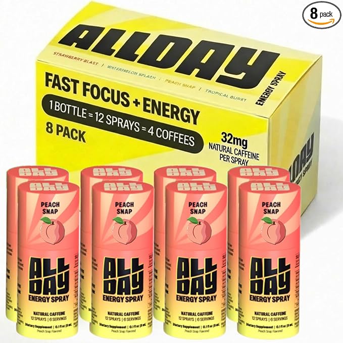 Caffeine Spray, Promotes Focus and Energy (Peach Snap, 8 Bottles, 96 Sprays) — 32mg Natural Caffeine per Spray — Pocket-Size Energy Shot/Drink - Formulated with L-Theanine, Vitamin B12, & Vitamin D