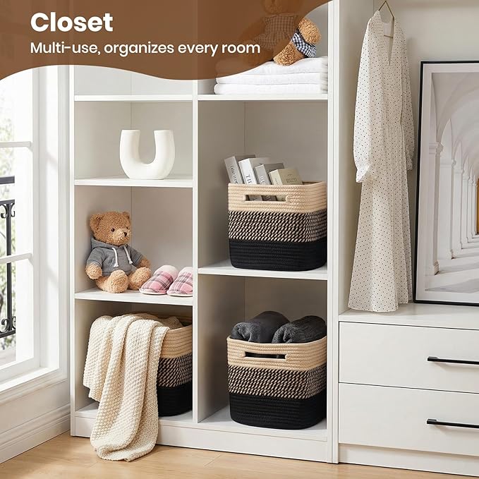 Storage Baskets for Organizing, 14 x 10 x 9” Closet Shelf Woven Baskets, Square Bins with Handles, Cotton Rope Basket for Toys, Clothes, Office, Room, Black+Brown 3 Pack