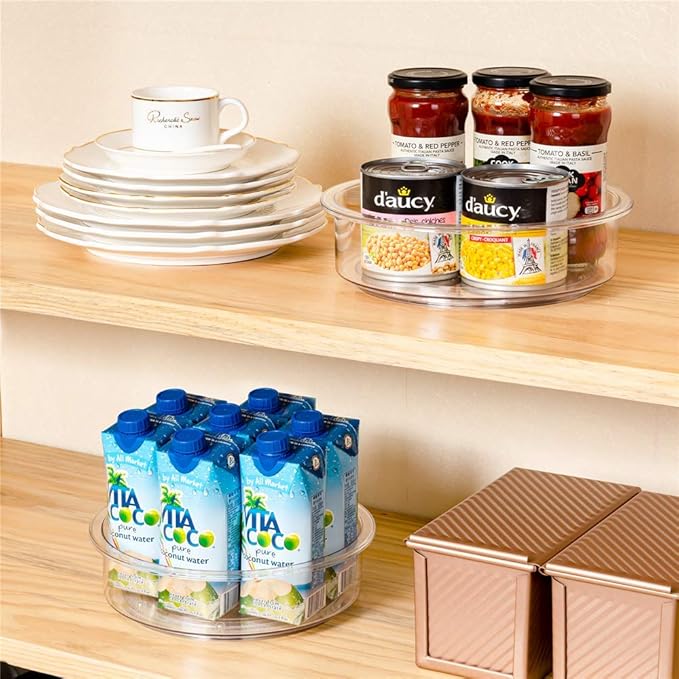 Slideep 9.8'' Round Lazy Susan Rotating Turntable Food Storage Container for Cabinet, Pantry, Refrigerator, Countertop, Spinning Organizer for Spices, Condiments, Baking Supplies 2 Pack