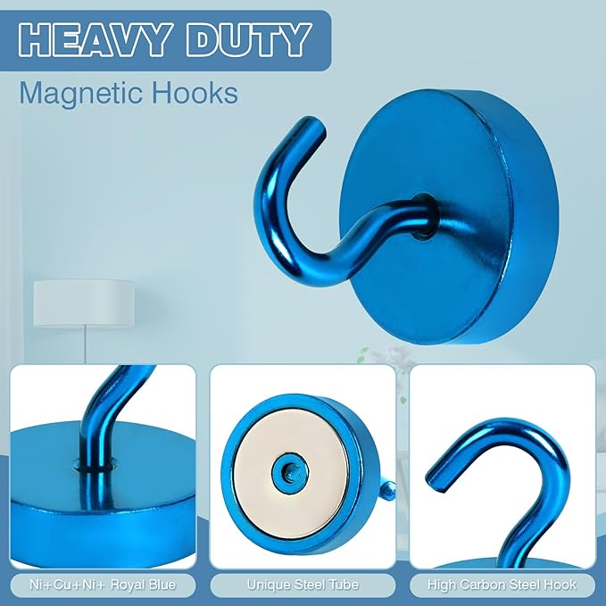 Neosmuk Magnetic Hooks, Cruise Ship Essentials, 8lb+ Heavy Duty Magnetic Hooks for Cruise Cabins, Refrigerator, Grill, Hanging, and Travel | Extra Strong Must-Haves Magnet Hook,RoyalBlue