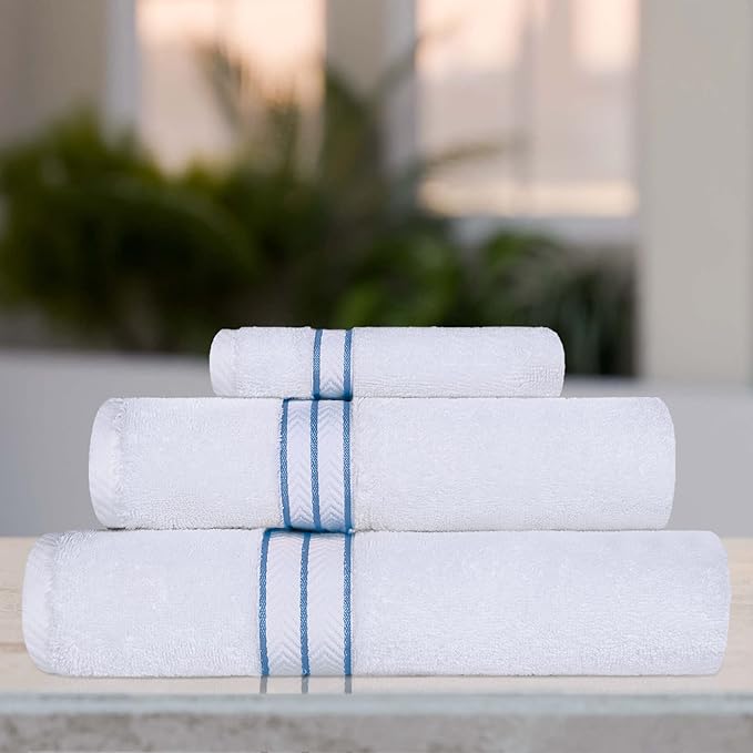 Superior Hotel Turkish Cotton 3 Piece Towel Set, Ultra Plush Spa Quality Heavyweight Essentials for Bathroom, Thick Absorbent and Soft, Dobby Border, Includes 1 Bath 1 Hand 1 Washcloth, Light Blue