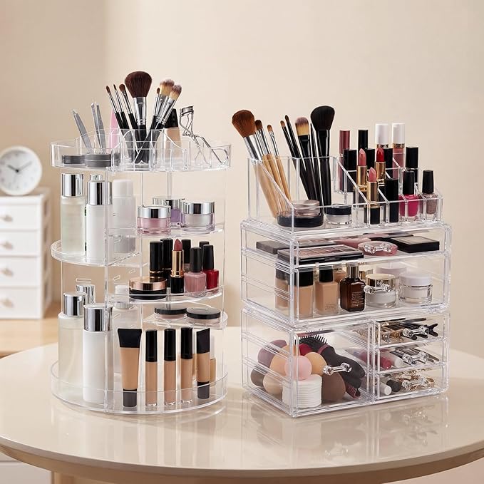 Acrylic Makeup Organizer Set, 360 Rotating Makeup Organizer, Clear Drawer Vanity & Countertop Cosmetic Storage for Brushes, Jewelry, for Vanity, Bathroom, Bedroom, Closet