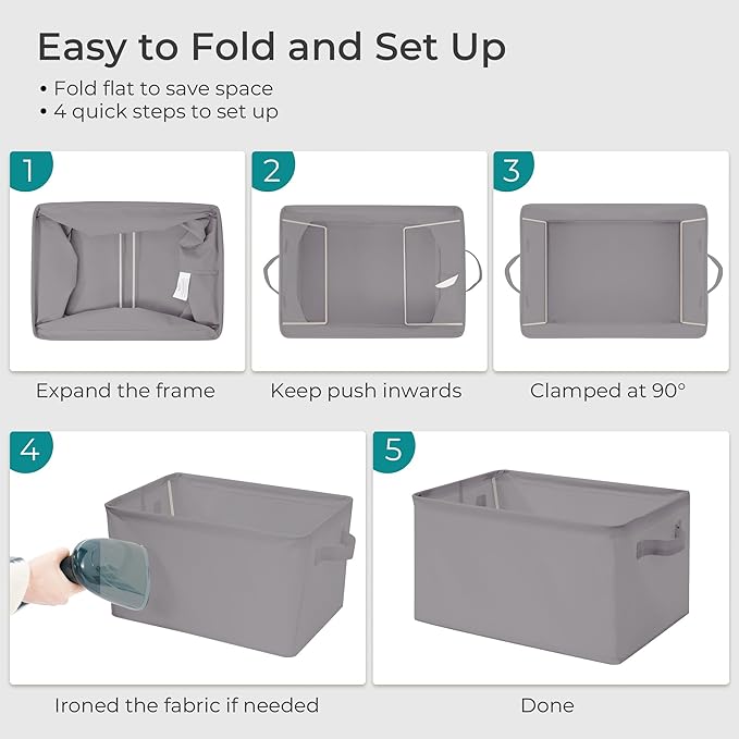 Storage Basket Bins with Metal Frame, Large Collapsible Fabric Storage Baskets for Organizing Shelf, Basket Organizer W/Handles for Towels, Laundry, Office, Home, 3-Pack, Grey