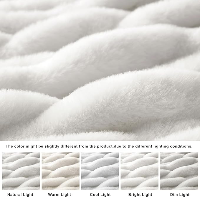WDCOZY Ruched Faux Fur Throw Blanket Soft Cozy Fluffy Luxurious Blankets Couch Bed Sofa Chair Home Decor Warm Furry Fall Winter Plush Rabbit Fur Bubble Blanket 50" x 60", Ivory Cream White