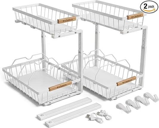 Under Sink Organizer, 2 Pack, 2 Tier Sliding L-Shaped Carbon Steel Rack with Adjustable Height, Motion-Activated LED Lights, Dividers & Hooks (White)