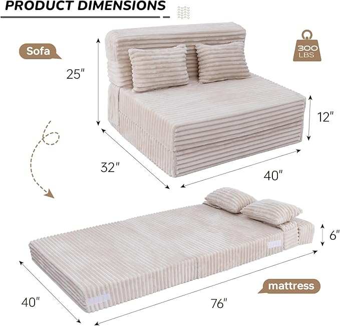 Folding Sofa Bed Twin, Convertible Sleeper Chair with Pillow, Fold Out Couch, High-Density Futon Chair Bed, Foldable Sofa Sleeper Floor Couch for Bedroom Living Room Dorm Guest Room, Beige