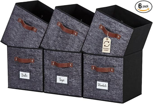 DECOMOMO Storage Bins, Cube Storage Bin with Labels, Fabric Storage Cubes for Shelves (10.5" x 11" / 6pcs, Black Pattern)