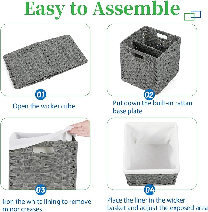 Bidtakay Wicker Storage Baskets for Organizing 4-Pack Hand-Woven Imitation Dark Grey Wicker Cube Storage Bins with Liners for Shelves Closet Cabinet 11x11 Waterproof Cube Organizer for Pantry