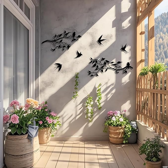 Harikikochuu 4PCS Metal Birds Wall Art Decor, Birds on the Branch Metal Silhouette Art, Black Leaves with Bird Outdoor Hanging Wall Sculpture for Home Office Balcony Garden Decor.（Swallow）