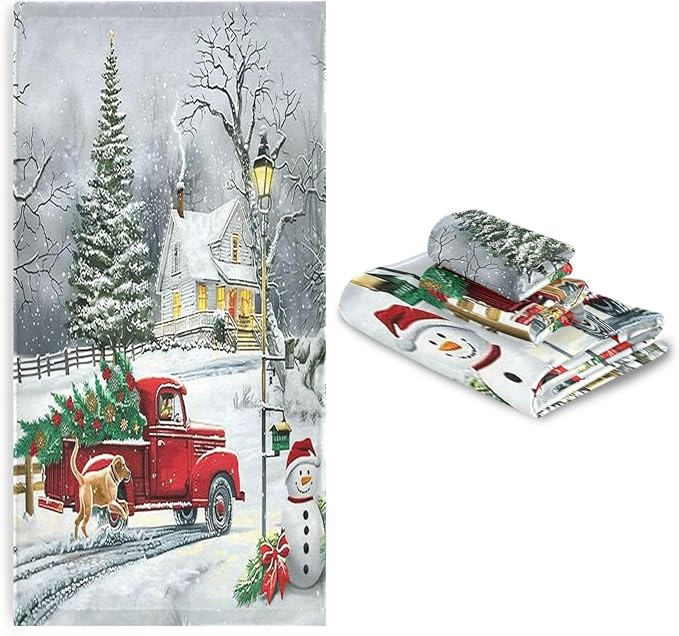 Red Xmas Tree Truck Winter Snowflake Dog Towels Set of 3 Christmas Winter Bathroom Towel Soft Absorbent Bath Hand Towels Washcloth Guest Towel Sets Merry Christmas Xmas Bathroom Decor Gifts