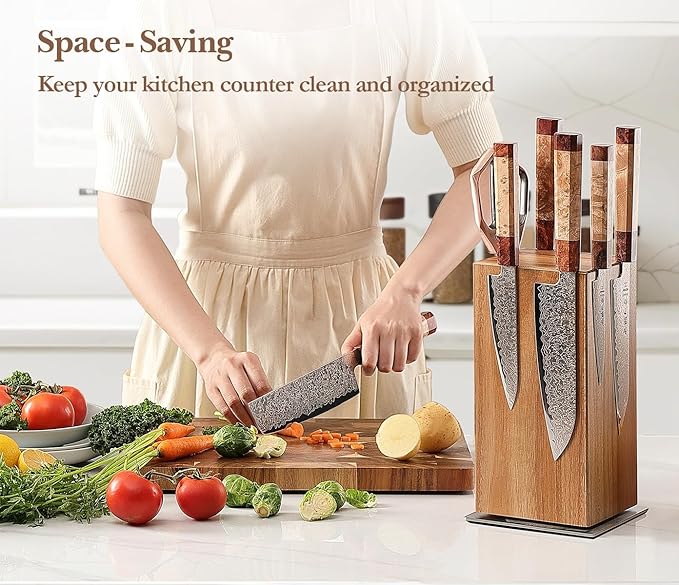 HEZHEN Magnetic Rotating Knife Holder without Knives, Acacia Wood, 360° Knife Block for Kitchen Counter, Space-saving and Larger Capacity Knife Storage, Strong Enhanced Magnets Strip