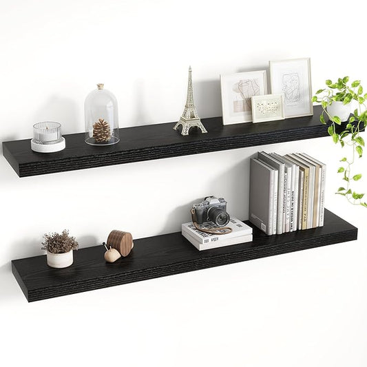 40 Inch Floating Shelves, 8 Inch Deep Floating Shelves for Wall, Hanging Shelf with Invisible Brackets, Deep Shelves for Bathroom, Bedroom, Living Room, Black, Set of 2
