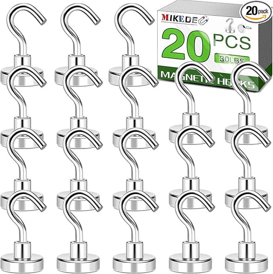 MIKEDE N52 Magnetic Hooks, 30lbs+ Heavy Duty Earth Magnets with Hooks for Refrigerator, Extra Strong Cruise Magnets Hooks for Hanging, Cruise Cabins, Grill, Indoor, Outdoor - 20 Pack