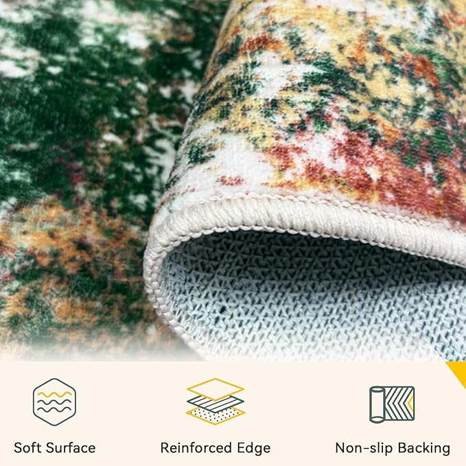 Washable Area Rugs 10'x14 Non-Slip Modern Abstract Soft for Living Room Entryway Bedroom Nursery, Print Pattern, Green Orange Rust Red Cream Colorful