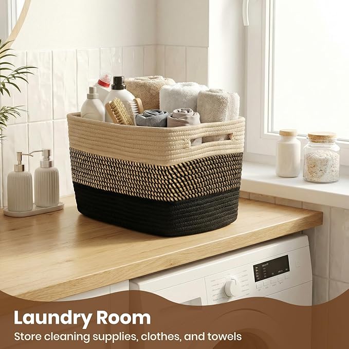Storage Baskets for Organizing, 14 x 10 x 9” Closet Shelf Woven Baskets, Square Bins with Handles, Cotton Rope Basket for Toys, Clothes, Office, Room, Black+Brown 1Pack