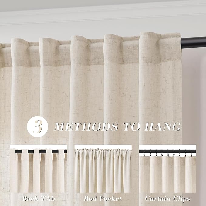 Joywell Beige Linen Back Tab Rod Pocket Linen Curtains 108 Inches Long 2 Panels for Living Room Bedroom Neutral Boho Farmhouse Rustic Light Filtering Semi Sheer Curtains Window Treatment 52x108