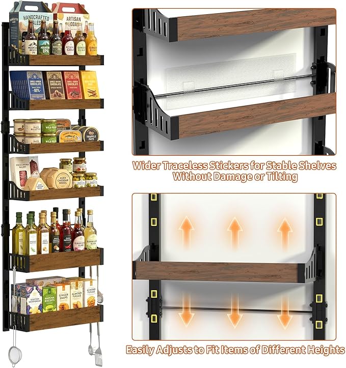 Over the Door Pantry Organizer: Storage and Pantry Organization with Hanging Basket - 6-Tier Metal Spice Rack Adjustable Shelves for Kitchen Laundry Room Bedroom & Bathroom Black