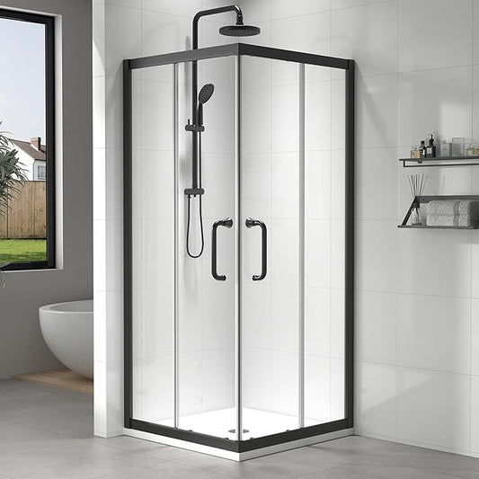 Corner Shower Enclosure 36" W x 36" W x 72" H in Matte Black, Double Sliding Corner Shower Door with Nano Explosion-Proof Film, 1/4" (6mm) Tempered Glass (Shower Base Not Included)