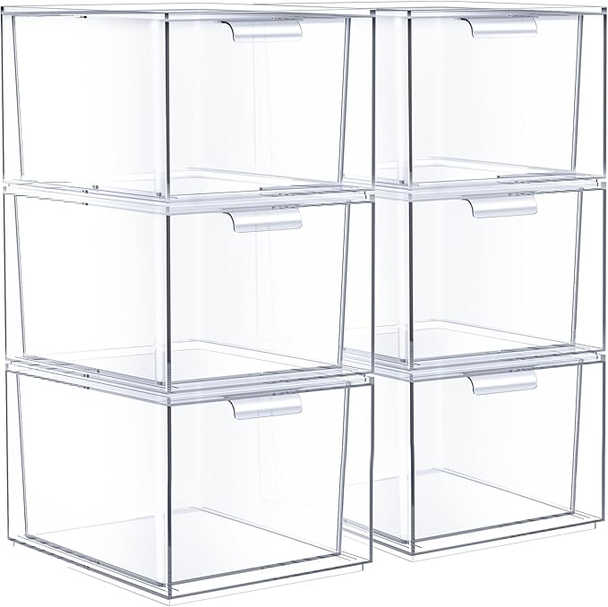 Sorbus Stackable Acrylic Drawers - Clear Make Up Organizers for Vanity - 6 Plastic Storage Bins for Room Decor, Bathroom Organization and Storage, Office Supplies, Makeup Drawer Organizer, Undersink
