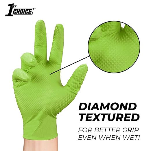 1st Choice 6 mil Green Gloves, Disposable, Latex Free, Raised Diamond Grip, Mechanic Glove for Men, XXLarge, 2 Boxes of 100