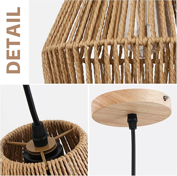 8.7'' Woven Rattan Pendant Light Fixtures, Boho Kitchen Island Pendant Lights Set of 2 with Handwoven Wicker Shade, Natural Coastal Light Fixture Hanging for Bedroom Bar Foyer Hallway