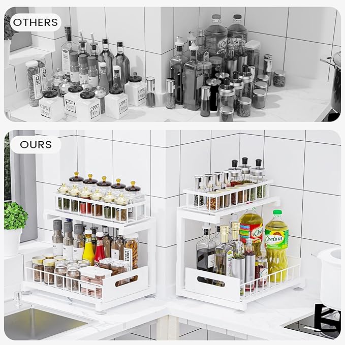 Under Sink Organizer, Heavy Duty Metal Slide Out Sink Shelf Organizer Height Adjustable, Multi-Purpose Storage Shelf for Kitchen Bathroom (White,2Pack)