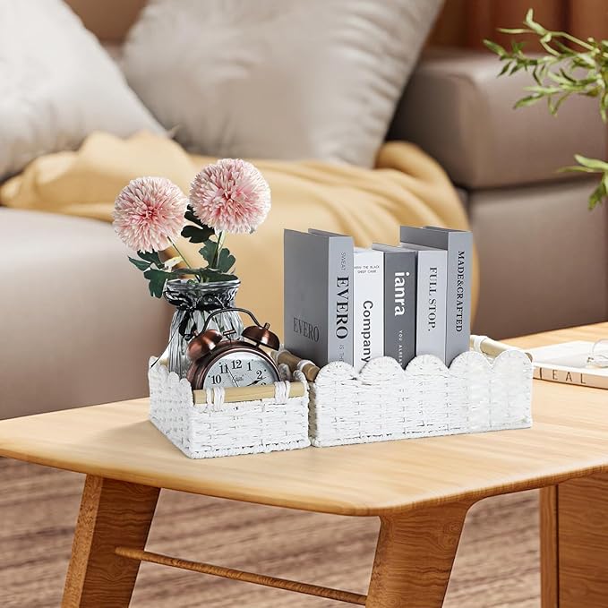 2 Pack Scalloped Wicker Basket Paper Rope Storage Baskets with Wooden Handles Hand-Woven Organizer Bin Wicker Storage Baskets for Organizing, Home Decor (White)