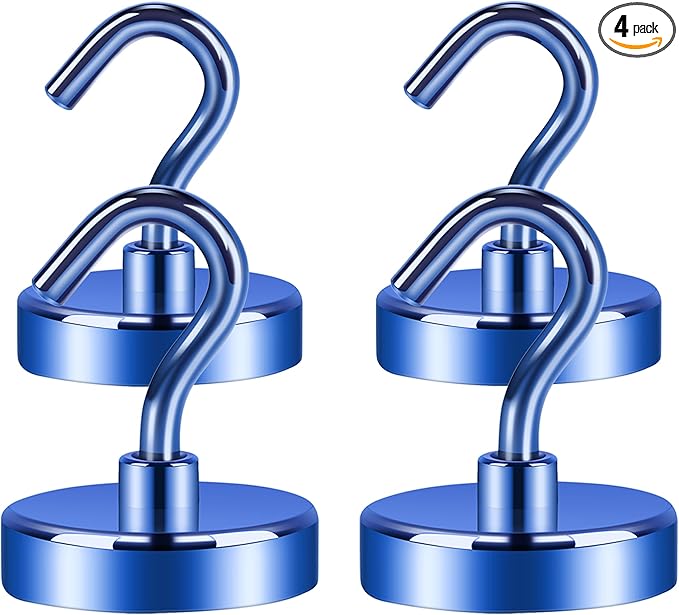 Neosmuk Magnetic Hooks Heavy Duty,Strong Magnet with Hook for Fridge, Super Neodymium Extra Strength Industrial Hooks for Hanging, Magnetic Hanger for Toolbox, Cruise, Grill(Navyblue,4 Pack)