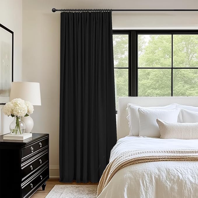 INOVADAY 100% Blackout Curtains for Bedroom, Black Out Curtains 108 Inch Long, Clip Rings Linen Blackout Drapes, Thermal Insulated Room Darkening for Living Room, 1 Panel - Black,W102xL108