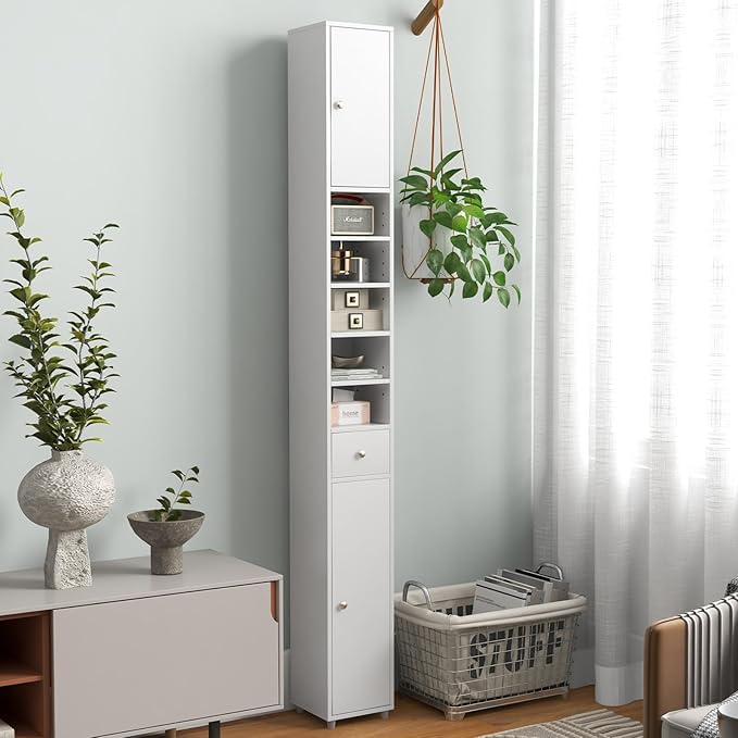 GOFLAME 71” Tall Bathroom Storage Cabinet, Narrow Freestanding Organizer with 1 Drawer, 2 Doors & 5 Open Shelves, Slim Bathroom Cabinet for Small Space, 8" x 8" x 71", White