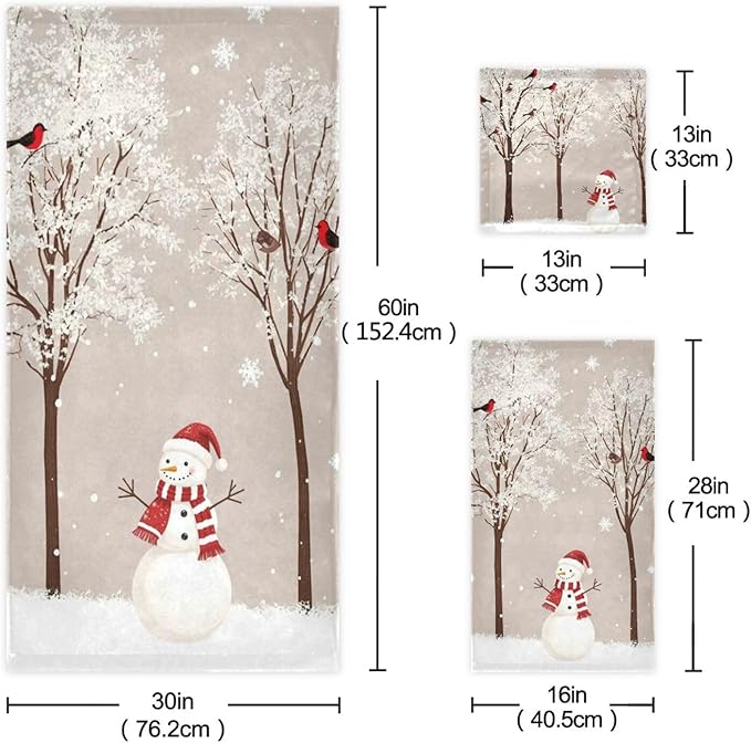 Winter Snowman Bird Tree Snow Towels Set of 3 Snowflakes Peach Christmas Bathroom Towel Soft Absorbent Bath Hand Towels Washcloth Guest Towel Sets Rustic Farmhouse Xmas Holiday Decor