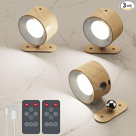 3Pack Battery Operated Wall Sconce, 3 Color Modes 3 Brightness Levels 360°Rotation Lighting Timer Touch & Remote Control, Wall Mounted Lamp LED Wall Lights for Bedroom Reading Bedside (Wood)