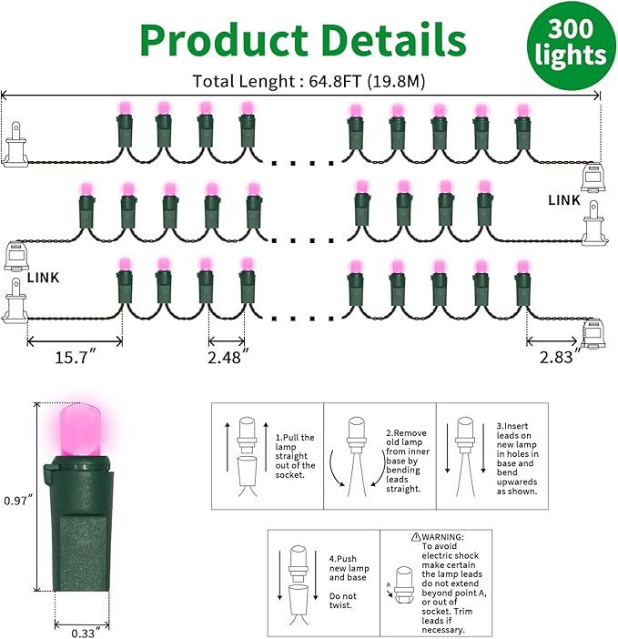 LAMPHOME Pink Mini Christmas Lights, 64.8Ft 300LED Fairy String Lights plug in Waterproof Connectable pink lights for Valentine's Day Decoration Indoor Outdoor Xmas Tree Garland Wreath Holiday Bedroom