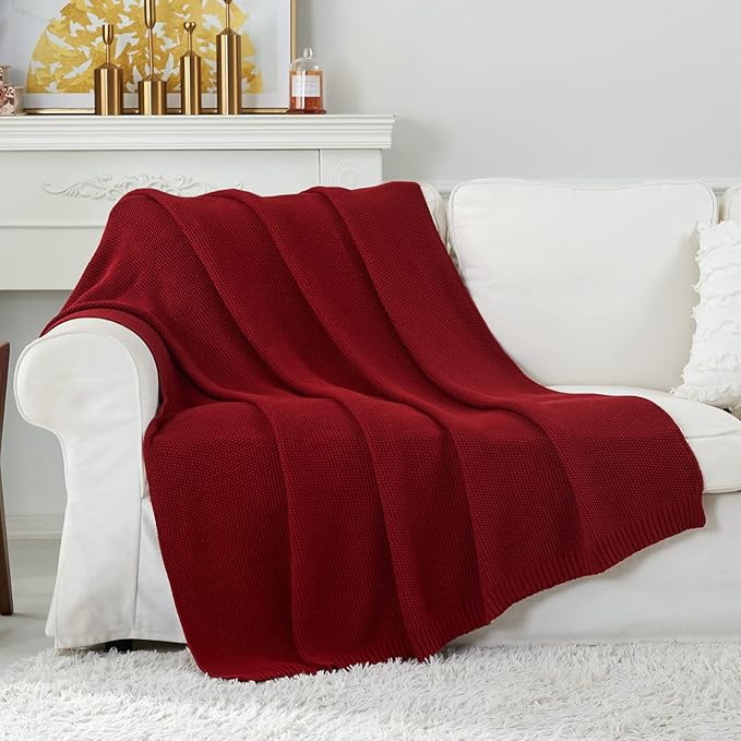 Longhui bedding Burgundy Cotton Cable Knit Throw Blanket for Couch Sofa Chair Bed Home Decorative, 2.5 Pounds 50 x 60 Inch Woven Throw Blankets with Bonus Laundering Bag
