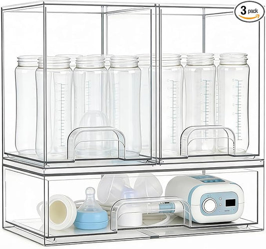 Baby Bottle Organizer, Large Capacity Stackable Acrylic Storage with Non-Slip Pads, for Baby Bottles, Pump Parts, Kitchen Countertop, Pantry, Vanity, 3-Piece