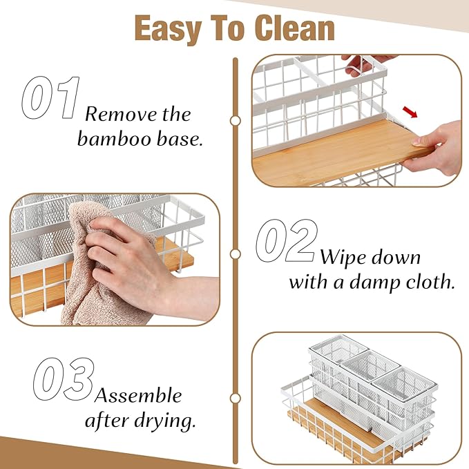 1 Pcs 1pcs Hair Tool Organizer Countertop Breathable Metal Bamboo Hot Tools Vanity Organizer Under Sink Bathroom Hair Dryer Holder Countertop Brush Comb Holder Tray (Natural Bamboo,White)