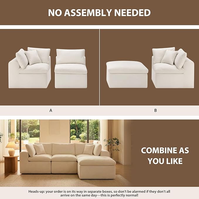 Cloud Couch Sectional Sofas for Living Room, Cream White Modular Sectional Sofa Couch Set with Ottoman, Deep Seat L Shaped Couch Bed, Boneless Convertible Sofa Couch for Apartment Furniture