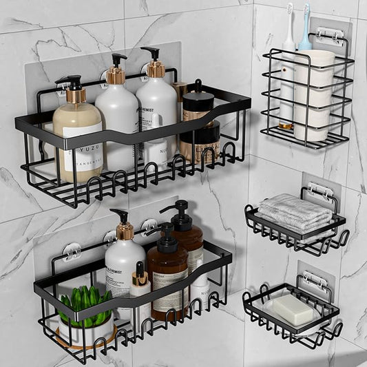 Adhesive Shower Caddy, Rustproof Stainless Steel Bathroom Organizer, Black, 5 Piece Set with 2 Shower Caddies, 2 Soap Holders, 1 Toothbrush Holder