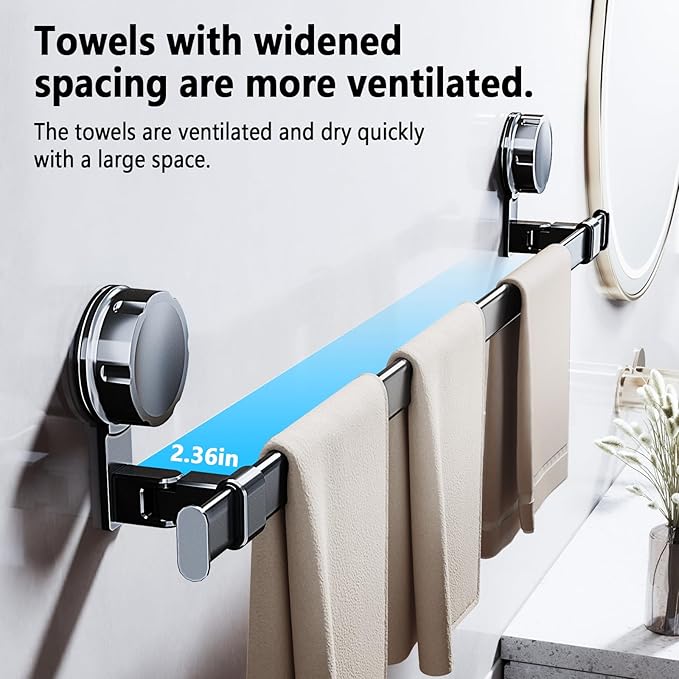 MIKEE Towel Rack for Bathroom,25.2inch - 43.3inch Suction Cup Towel Bar, Adjustable Towel Racks for Bathroom Wall Mounted with 180° Rotation, Heavy Duty Towel Holder, Bathroom Accessories