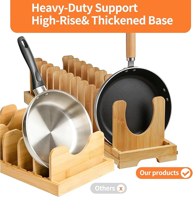Bamboo Pots and Pans Organizer under Cabinet, Expandable Pot lid Holder Rack and cutting board organizer, Adjustable Bakeware Cookie Sheet Tray for Kitchen Storage