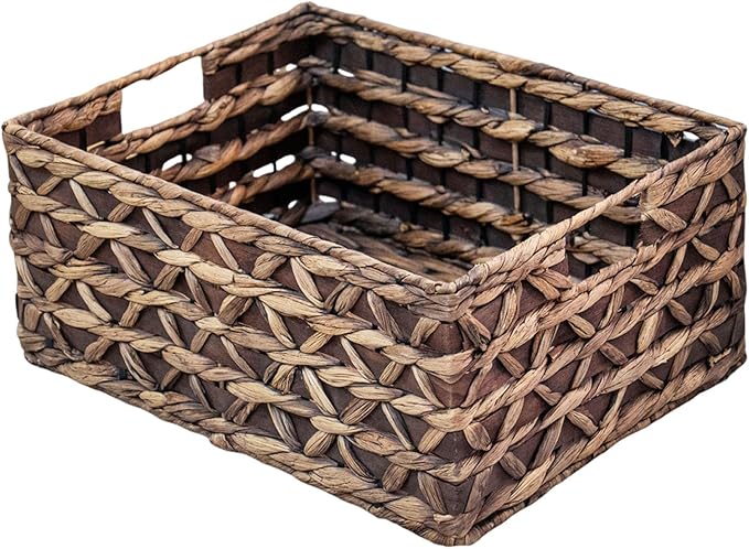 Rectangular Wicker Storage Basket with Iron Structure & Wood Accents, 15.75×11.42×7.09 Inches, Perfect for Home Organization