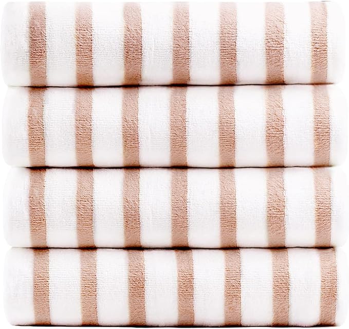 Beach Towels Set of 4, 30" x 60", Microfiber Bath Towel for Adult, Cabana Stripe, Absorbent, Quick Dry, Perfect for Salon, Hotel, Travel, Sport, Swimming, Yoga, Camping, Coffee