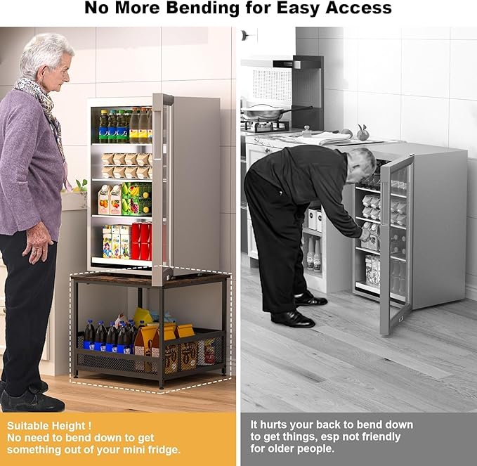 Mini Fridge Stand with Storage, Heavy Duty Mini Fridge Cabinet Shelf - 230 lbs Capacity, Storage Bin for Drink & Snacks, Sturdy Small Refrigerator Stand for Dorm, Office, and Bedroom