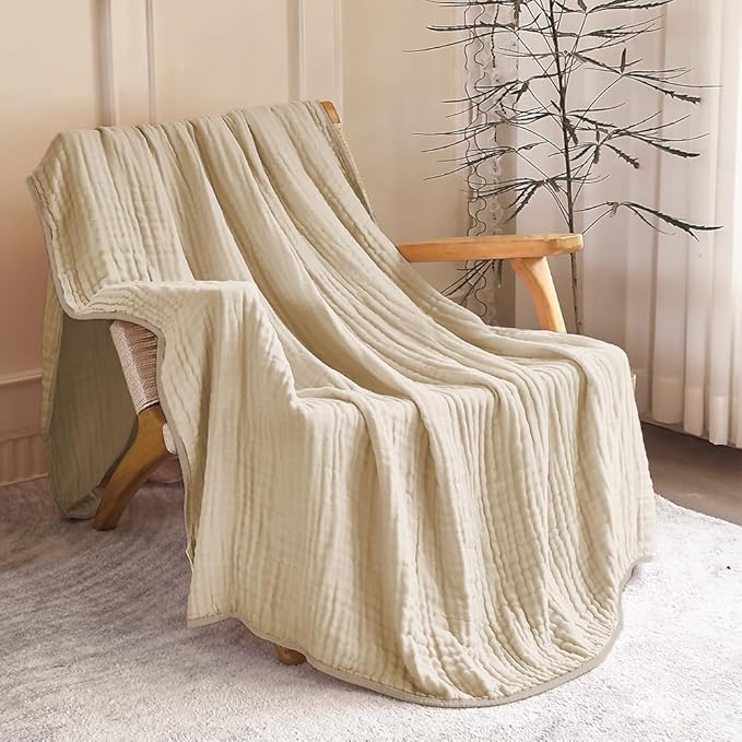 SANACYNA Muslin Blankets 100% Cotton 6-Layer Gauze Gray Grid Bed Blanket Lightweight Soft and Breathable King Blanket for Sofa Bed Coverlet Both Sides (Light Tan, Baby 30"x40")