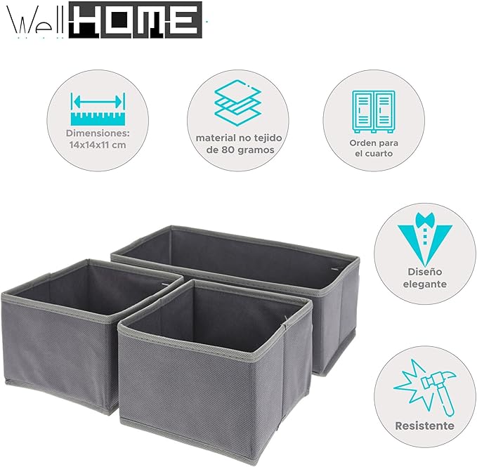 Well Home 3-Piece Organiser Set, Dark Grey